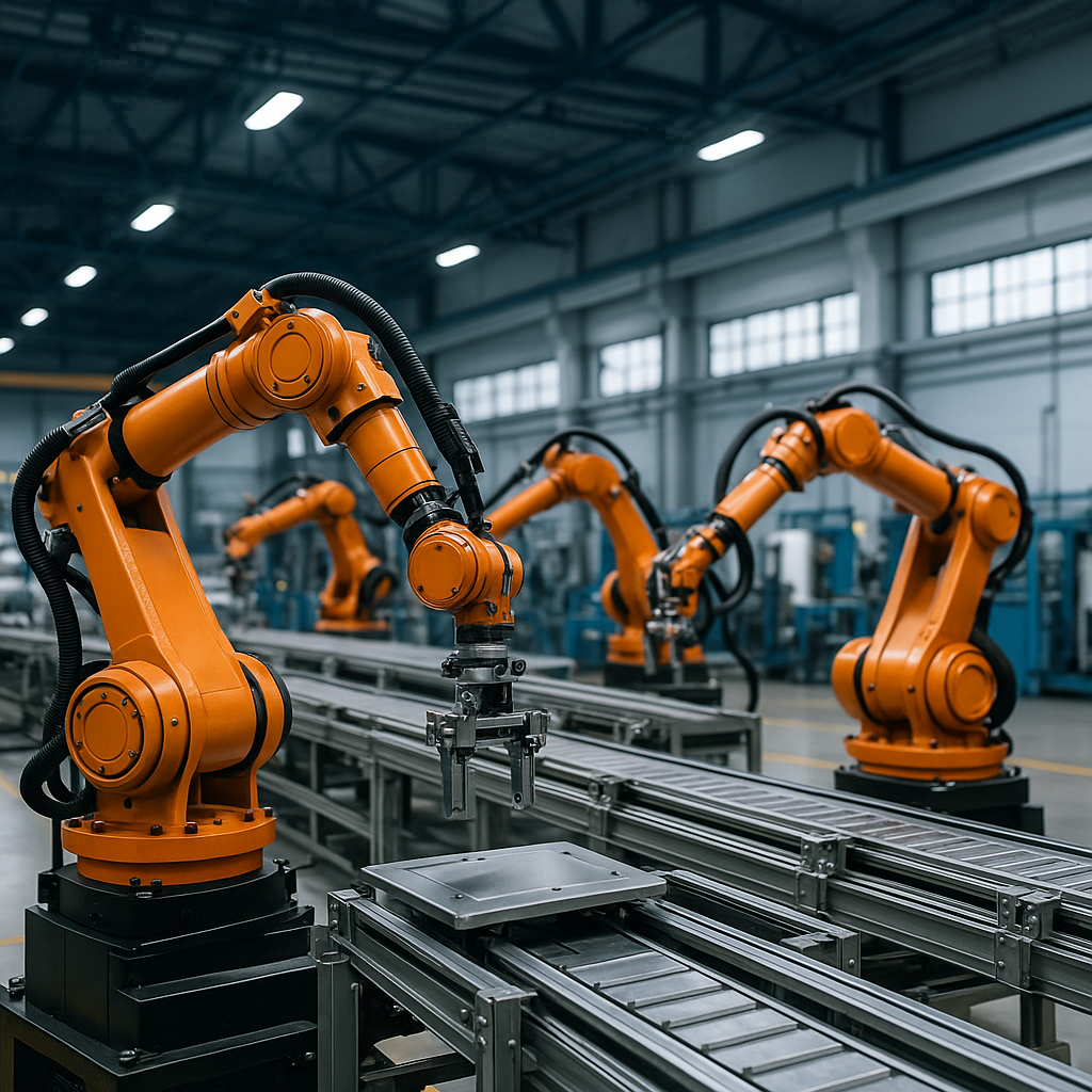 Industrial automation line with robotic arms